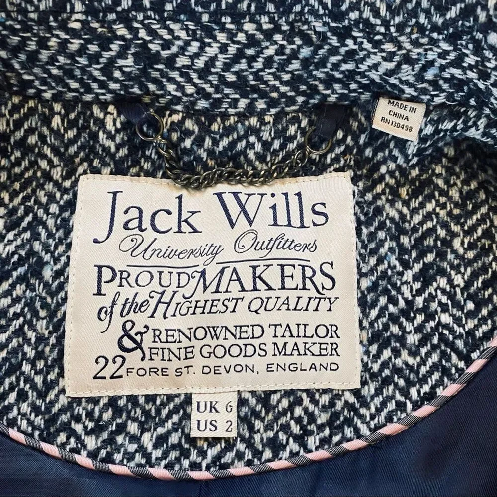 JACK WILLS 2 Womens Navy Blue Fuzzy Wool Tweed Herringbone Pea Coat Academia